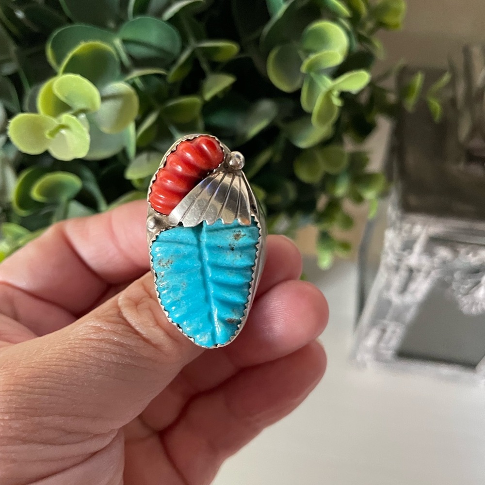 Sterling Silver Turquoise Coral Feather Zuni Men's Ring by Lyolita Tsatte Size 9